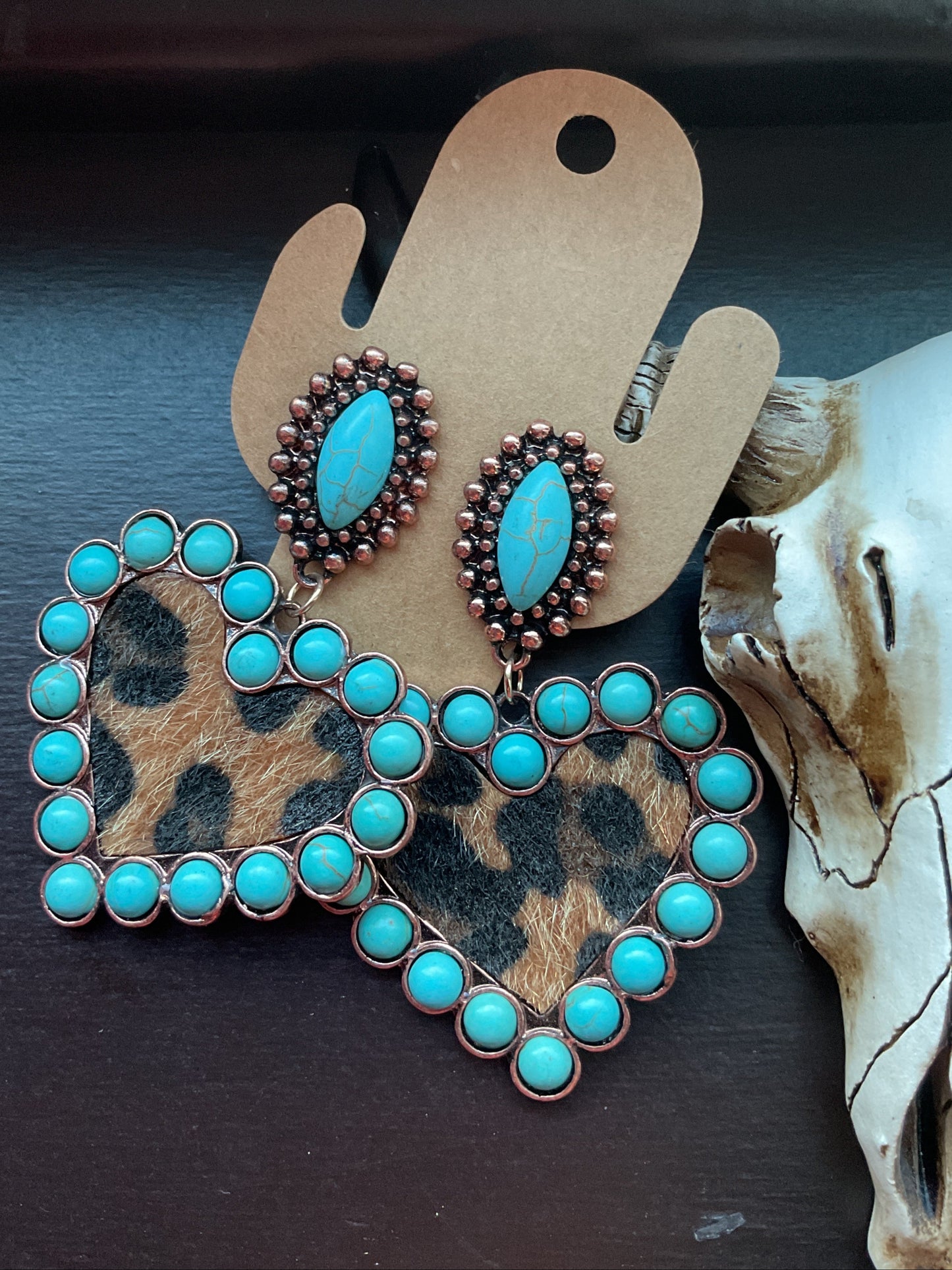 Turquoise And Leopard Dangle Heart Earrings
