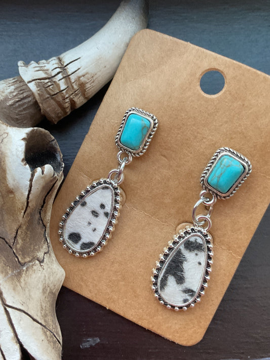 Cow print And Turquoise Dangle Earrings
