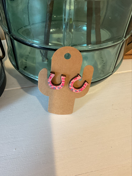 Pink Wooden Horseshoe Stud Earrings