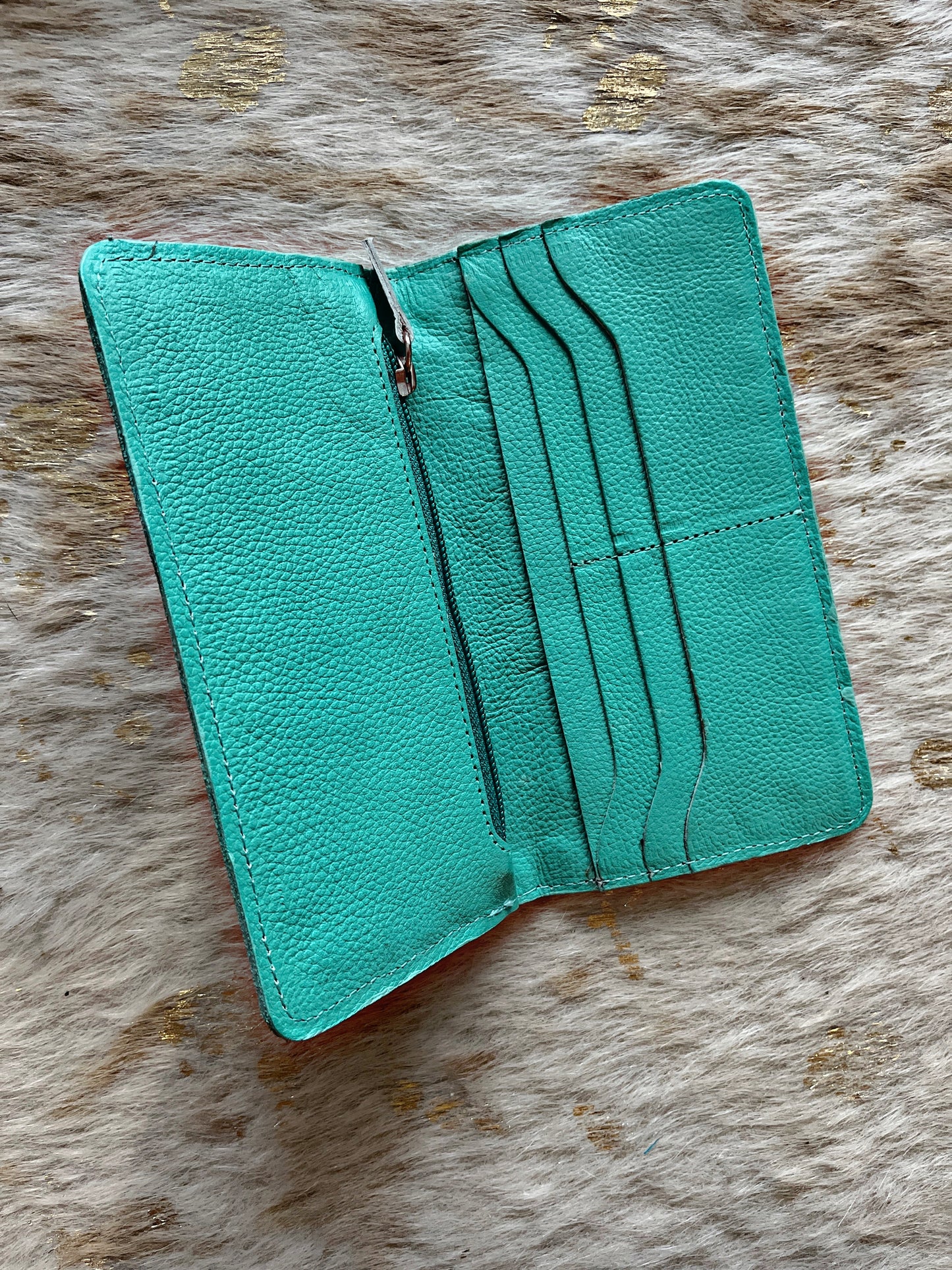 Teal Leather and Cowhide Wallet