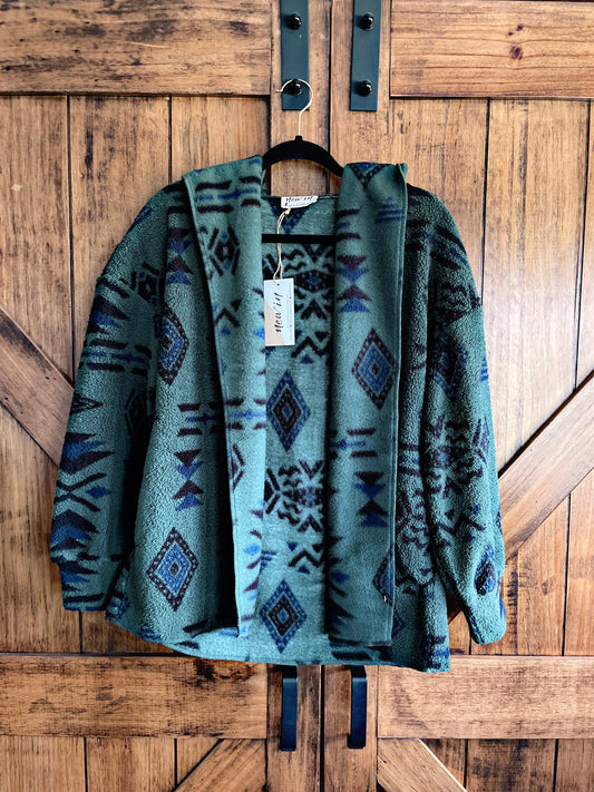 Green Hooded Aztec Sherpa Jacket