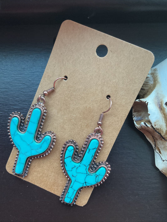 Turquoise And Bronze Cactus Dangle Earrings