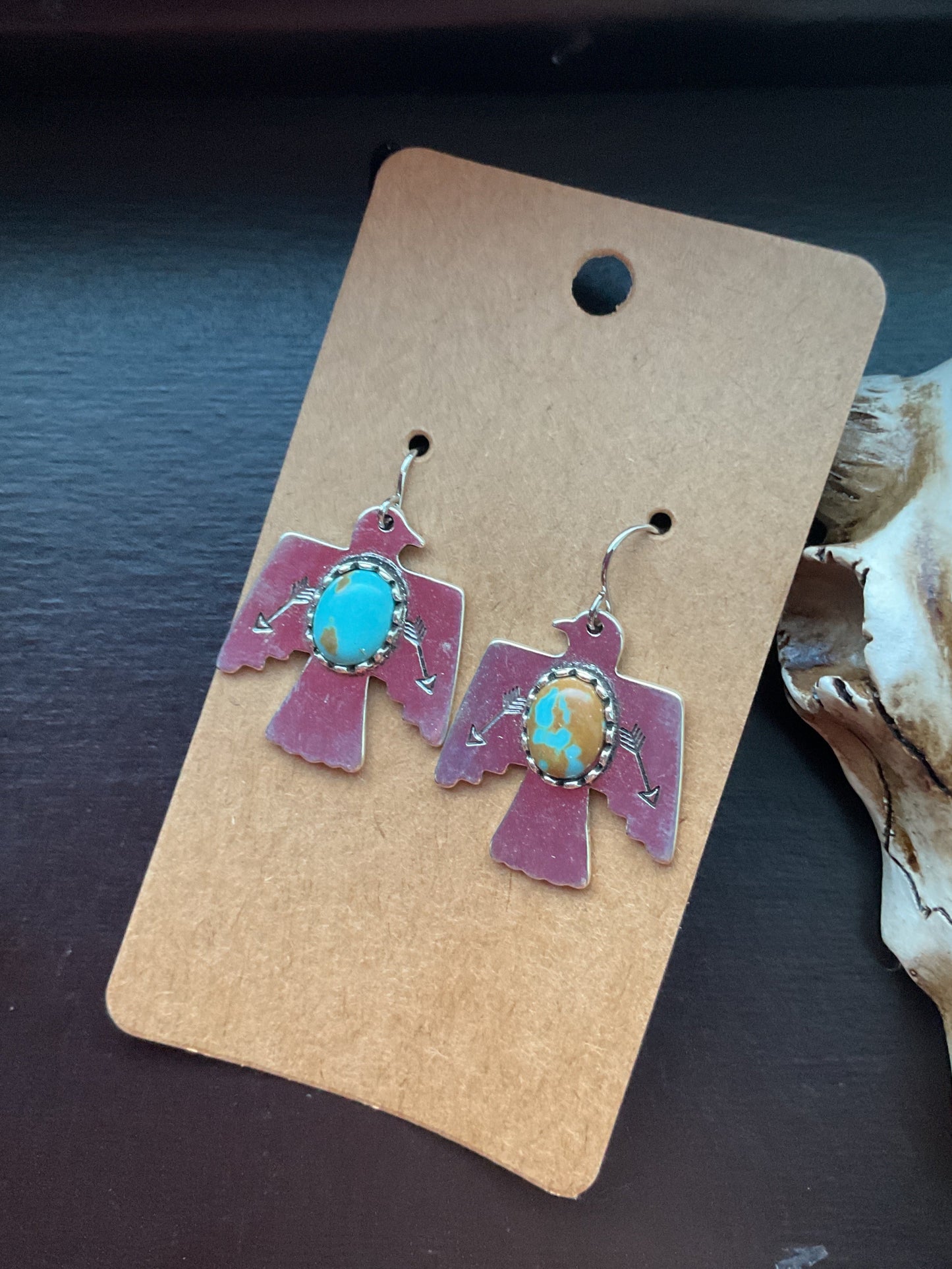 Turquoise And Silver Thunder Bird Dangle Earrings