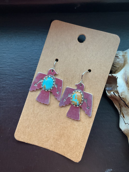 Turquoise And Silver Thunder Bird Dangle Earrings
