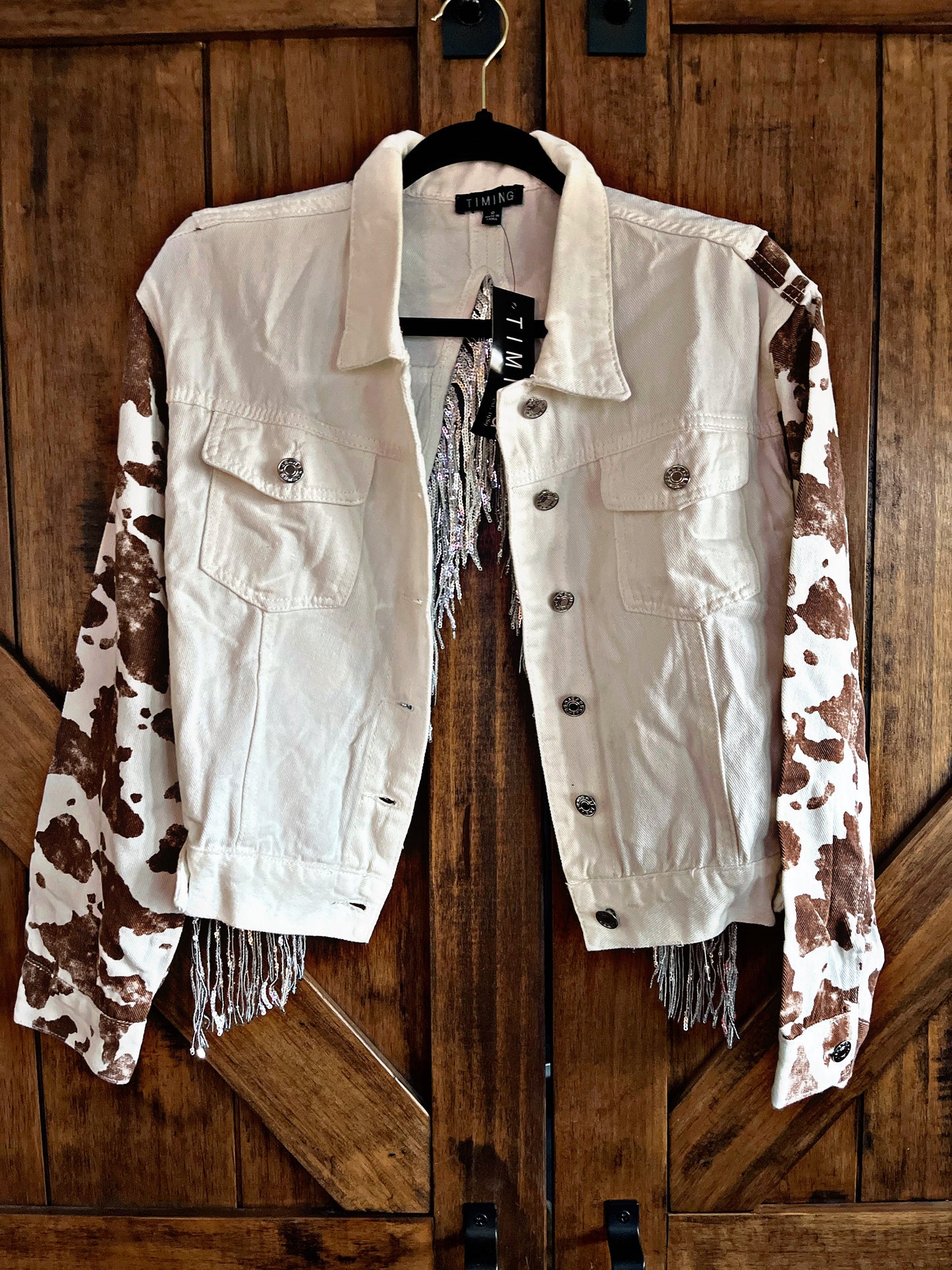 White Cow Print Jacket w Rhinestone Fringe