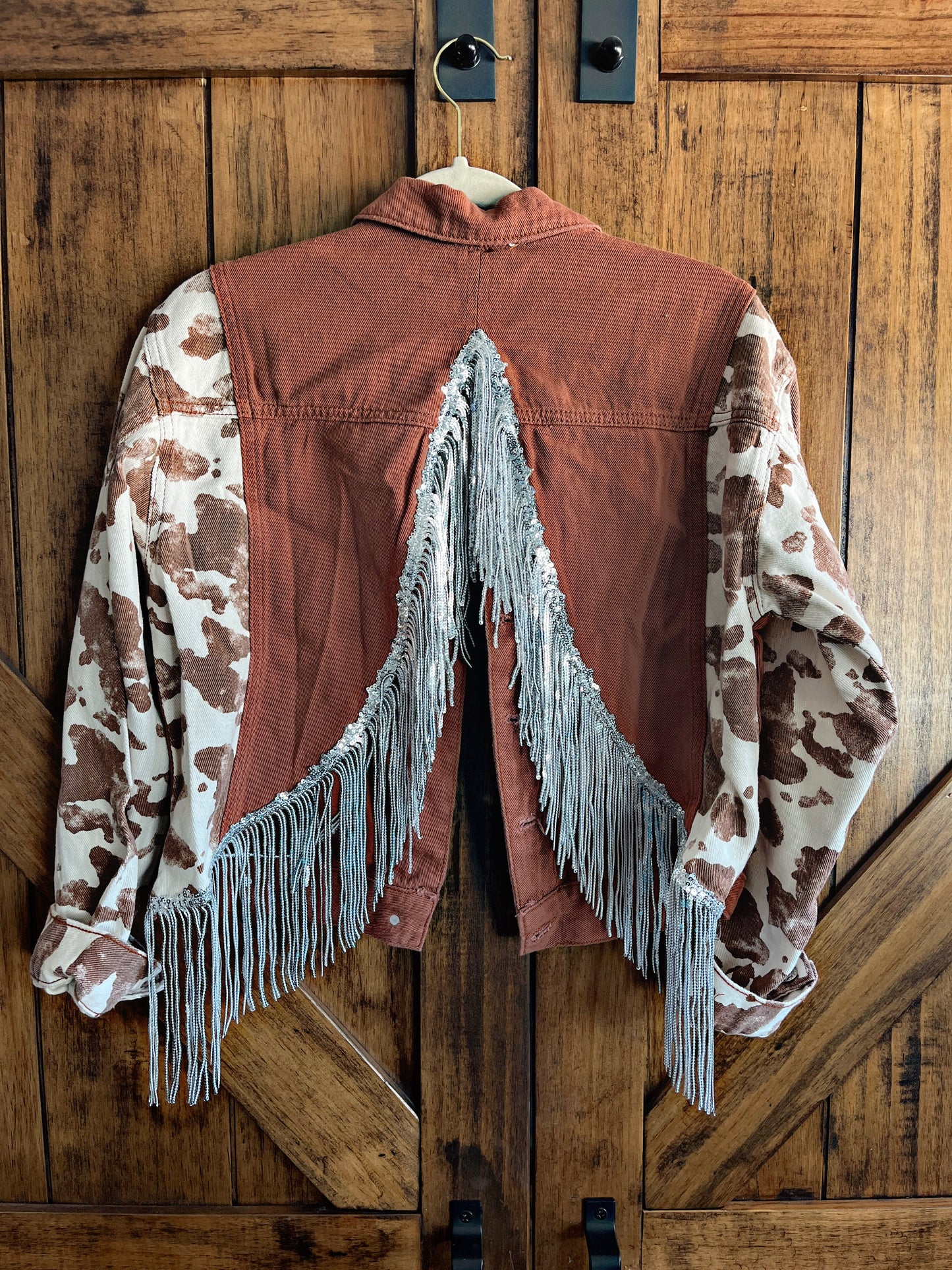 Rust/Cow Print Fringe Back Jacket