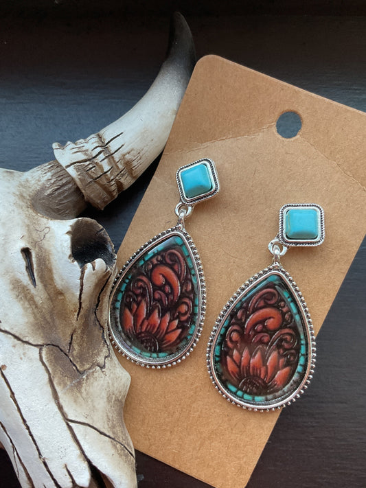 Turquoise And Sunflower Tooled Leather Dangle Earrings