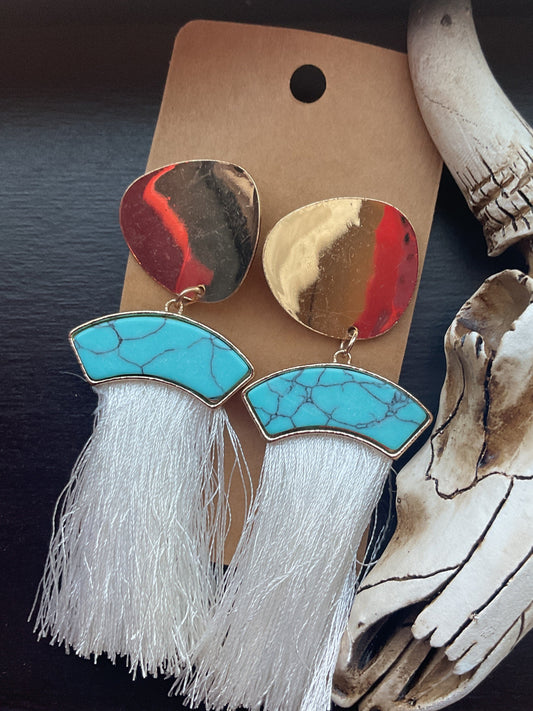 Turquoise And Gold Fringe Dangle Earrings