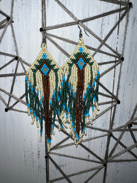 TURQUOISE, BROWN, & CREAM BEADED EARRINGS